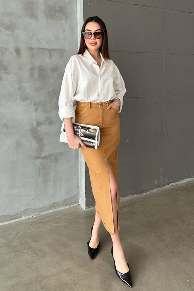 Camel Gabardin Boyamalı Püsküllü Etek