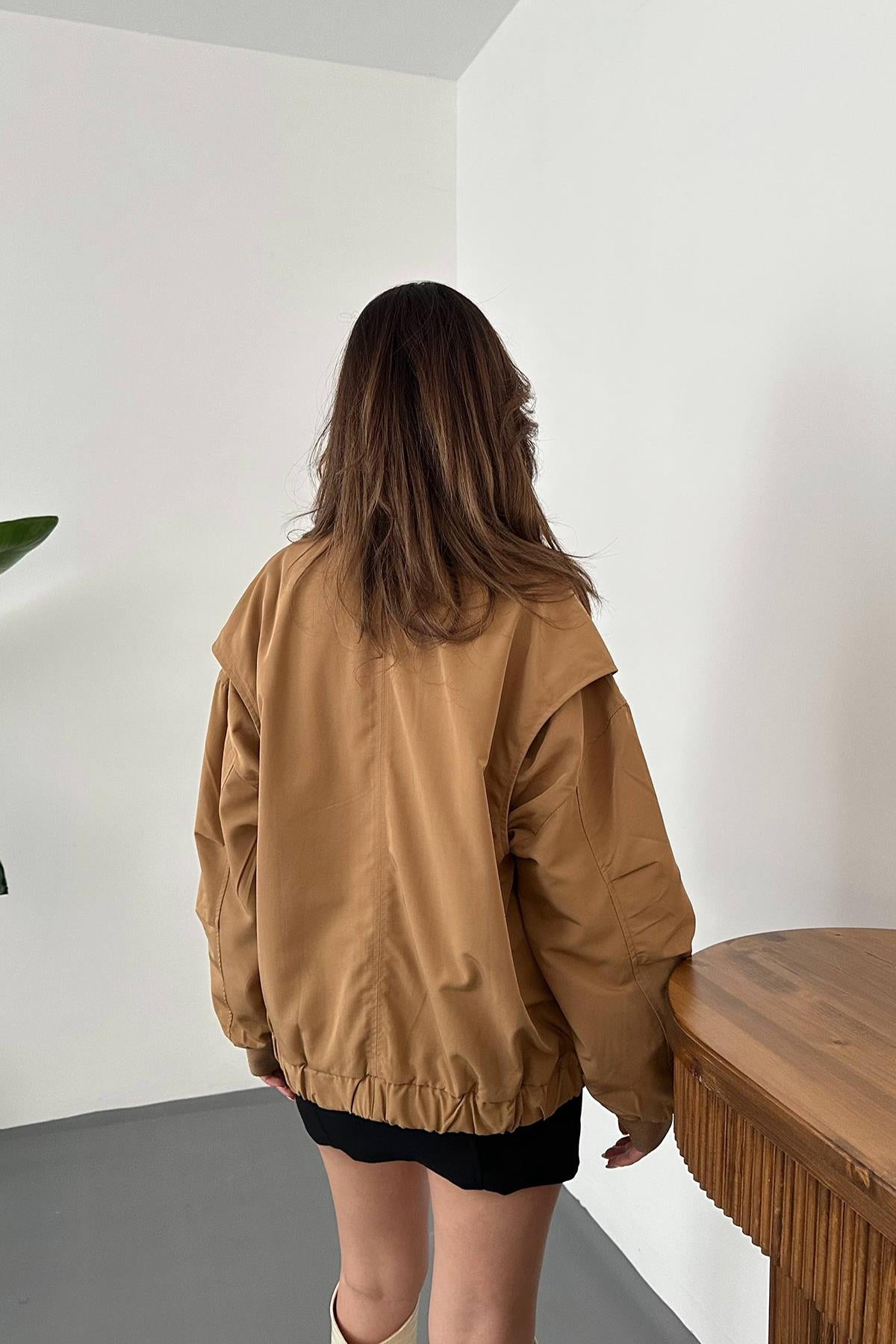Camel Parçalı Bomber Ceket