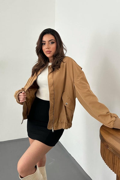 Camel Parçalı Bomber Ceket