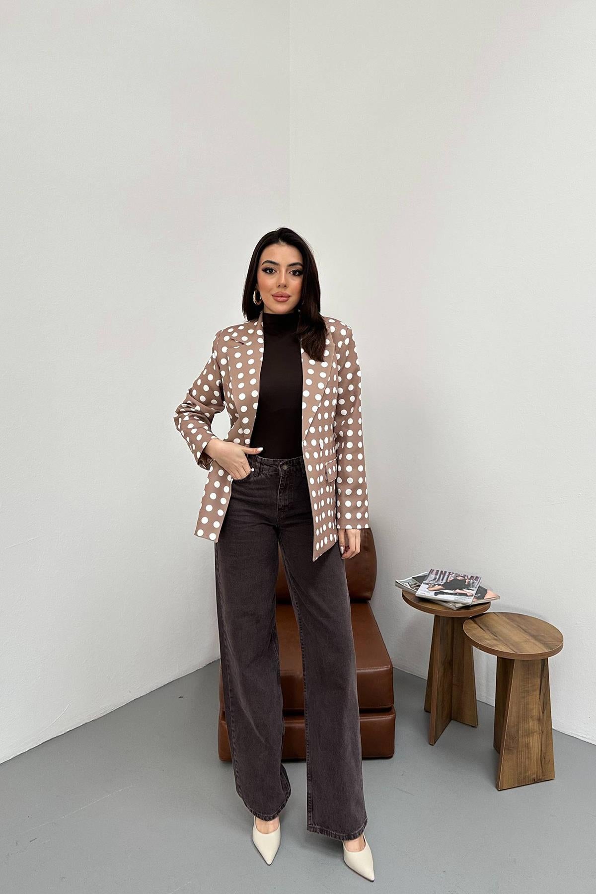 Camel Puantiyeli Blazer Ceket