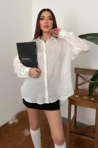 Ekru Nakışlı Oversize Gömlek