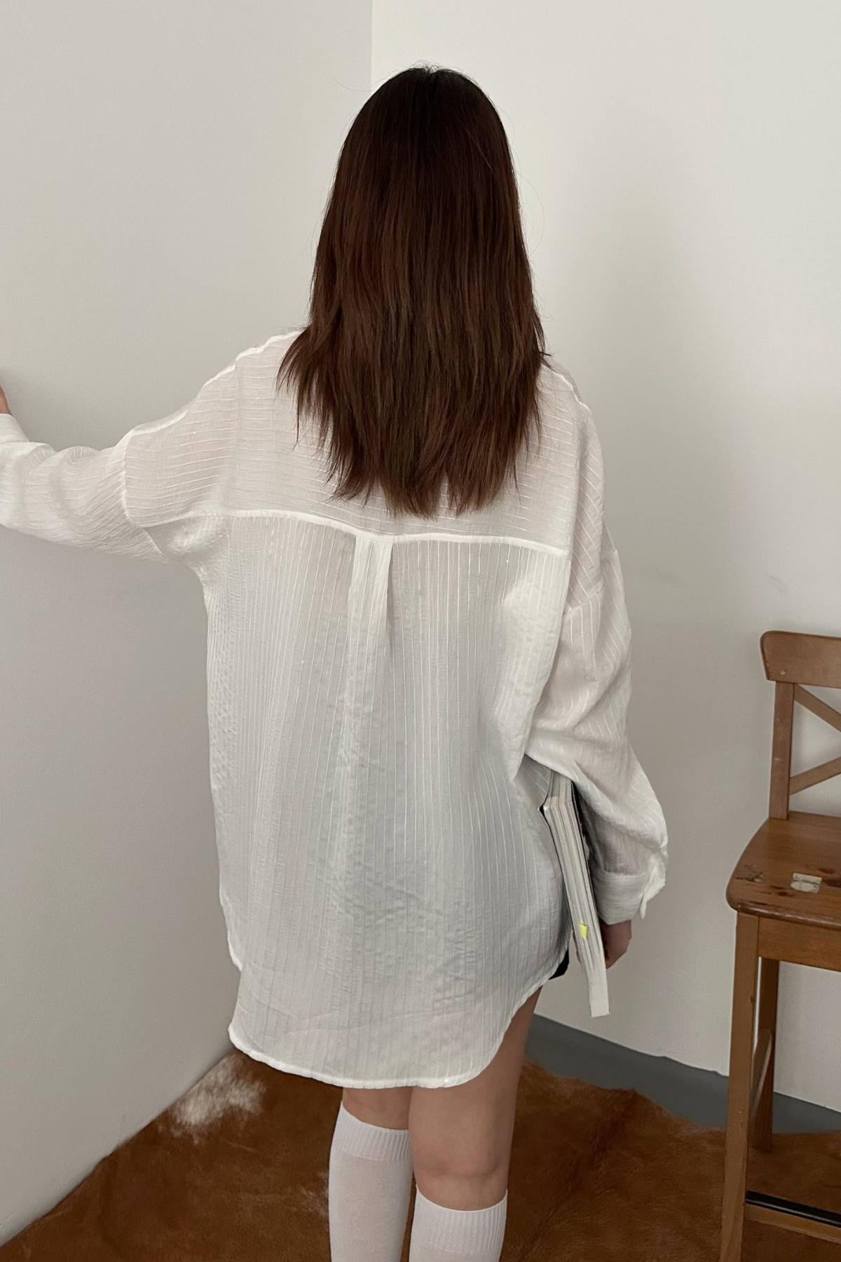 Ekru Nakışlı Oversize Gömlek