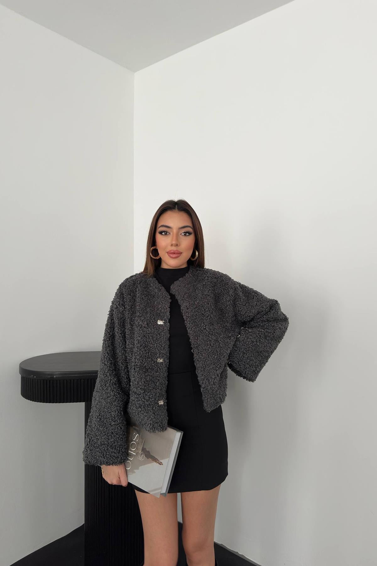 Füme Peluş Kısa Ceket