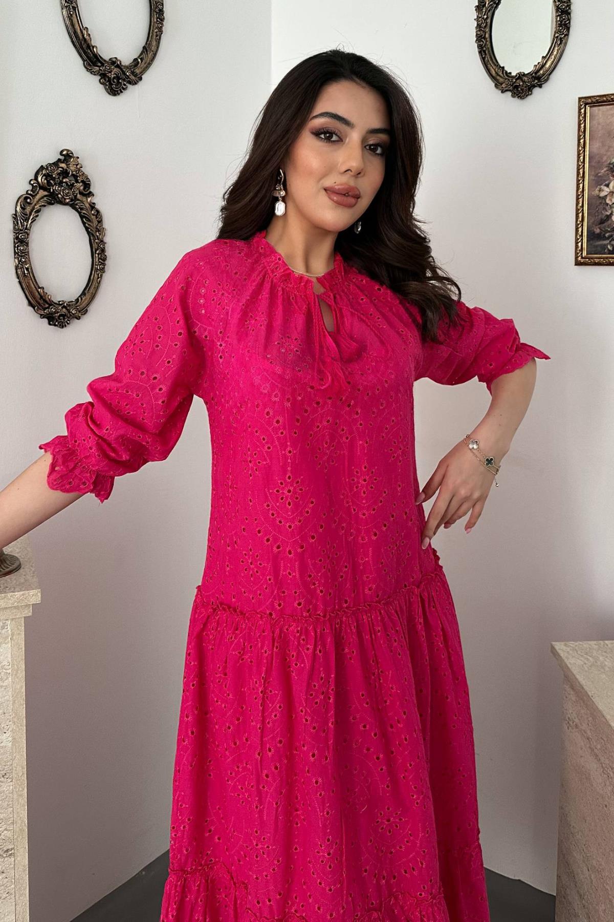 Fuşya Dantelli New Elbise