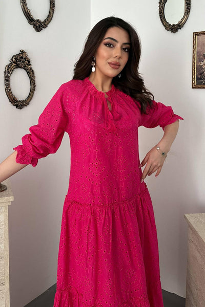 Fuşya Dantelli New Elbise