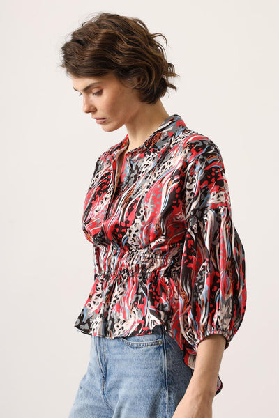 Bluza Satin cu Talie Elastica - Fucsia