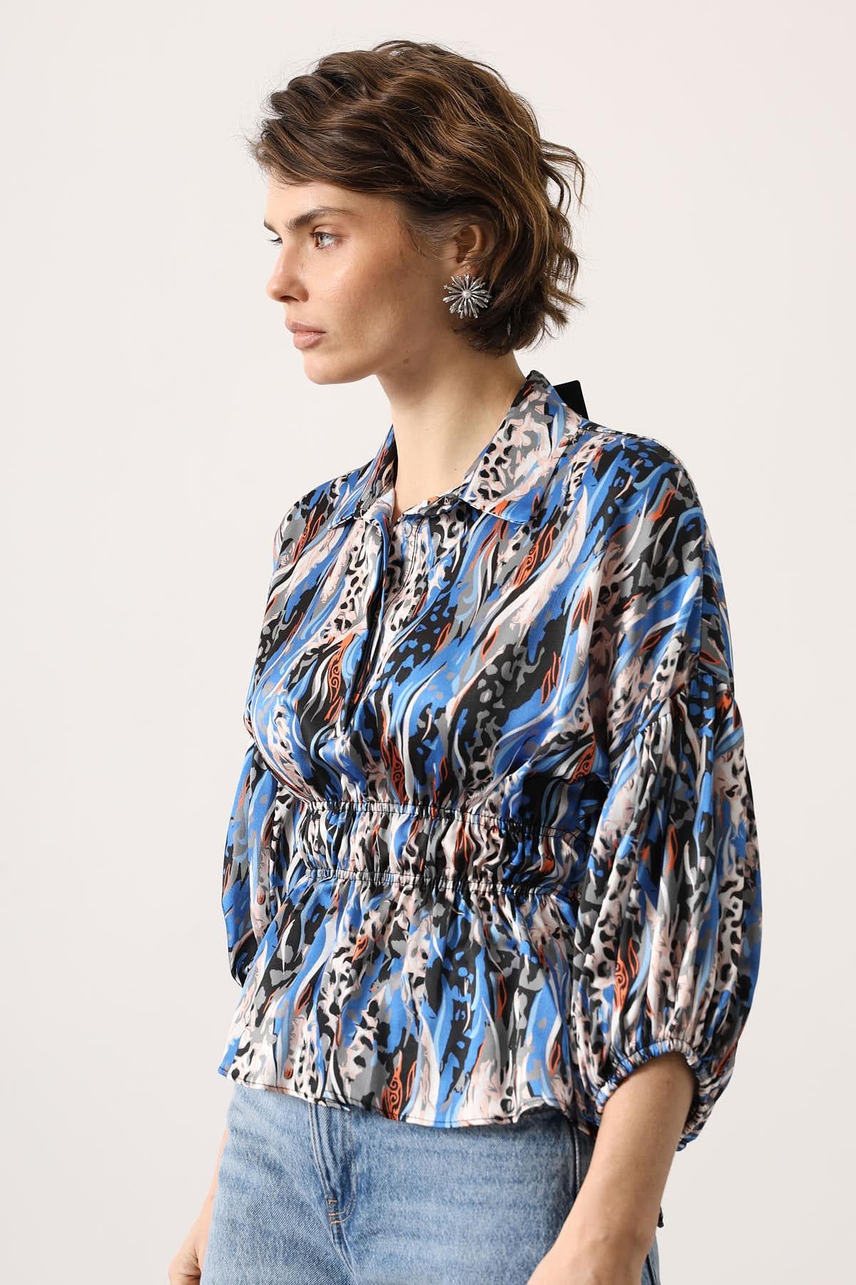 Bluza Satin cu Talie Elastica - Albastru