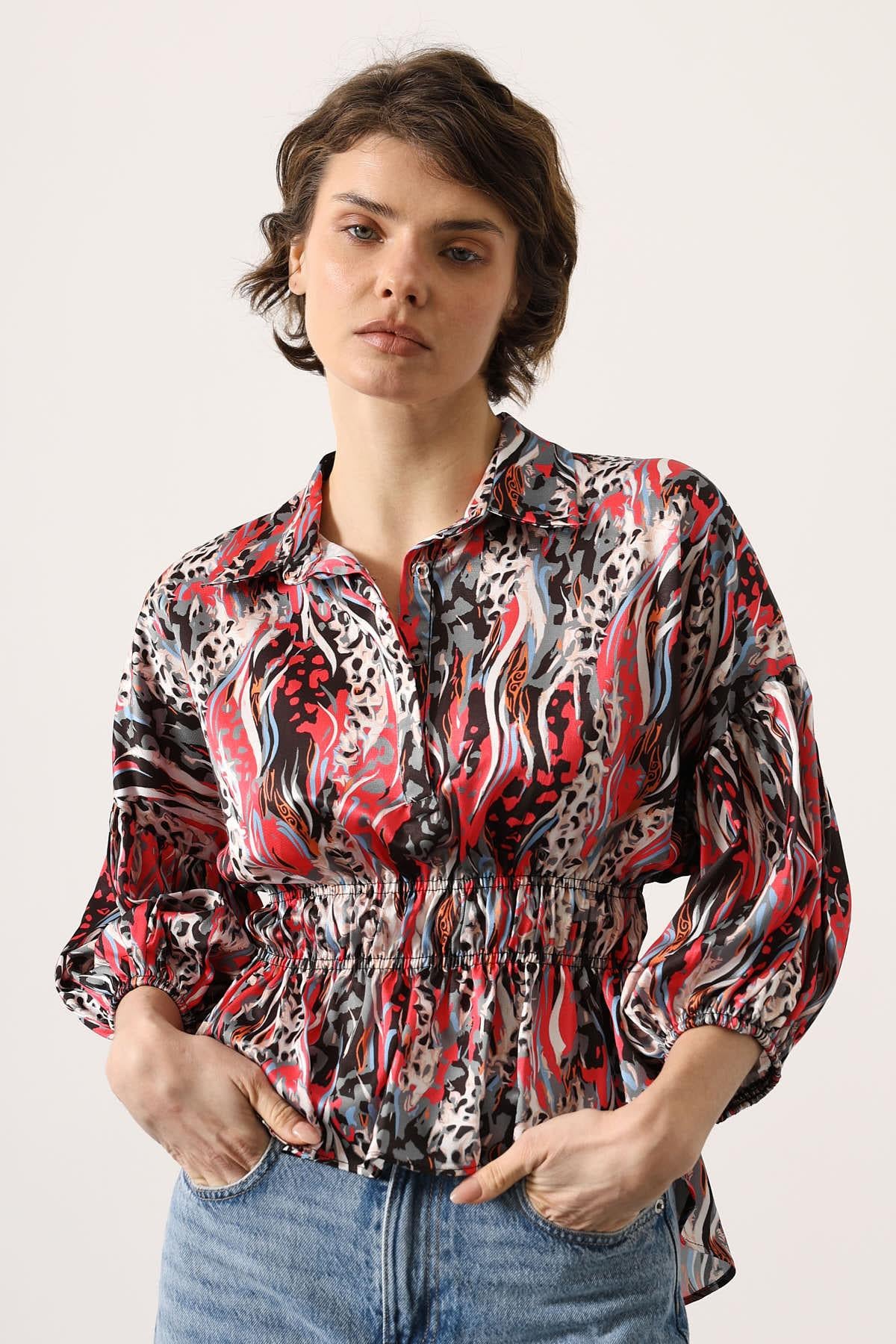 Bluza Satin cu Talie Elastica - Fucsia
