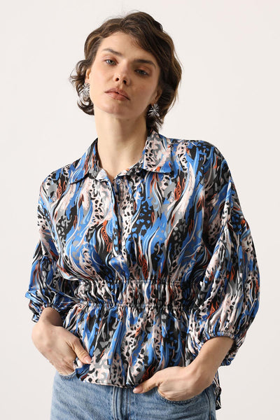 Bluza Satin cu Talie Elastica - Albastru