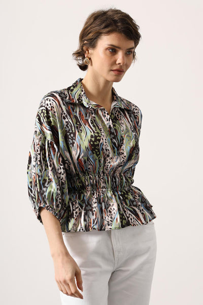Bluza Satin cu Talie Elastica - Verde