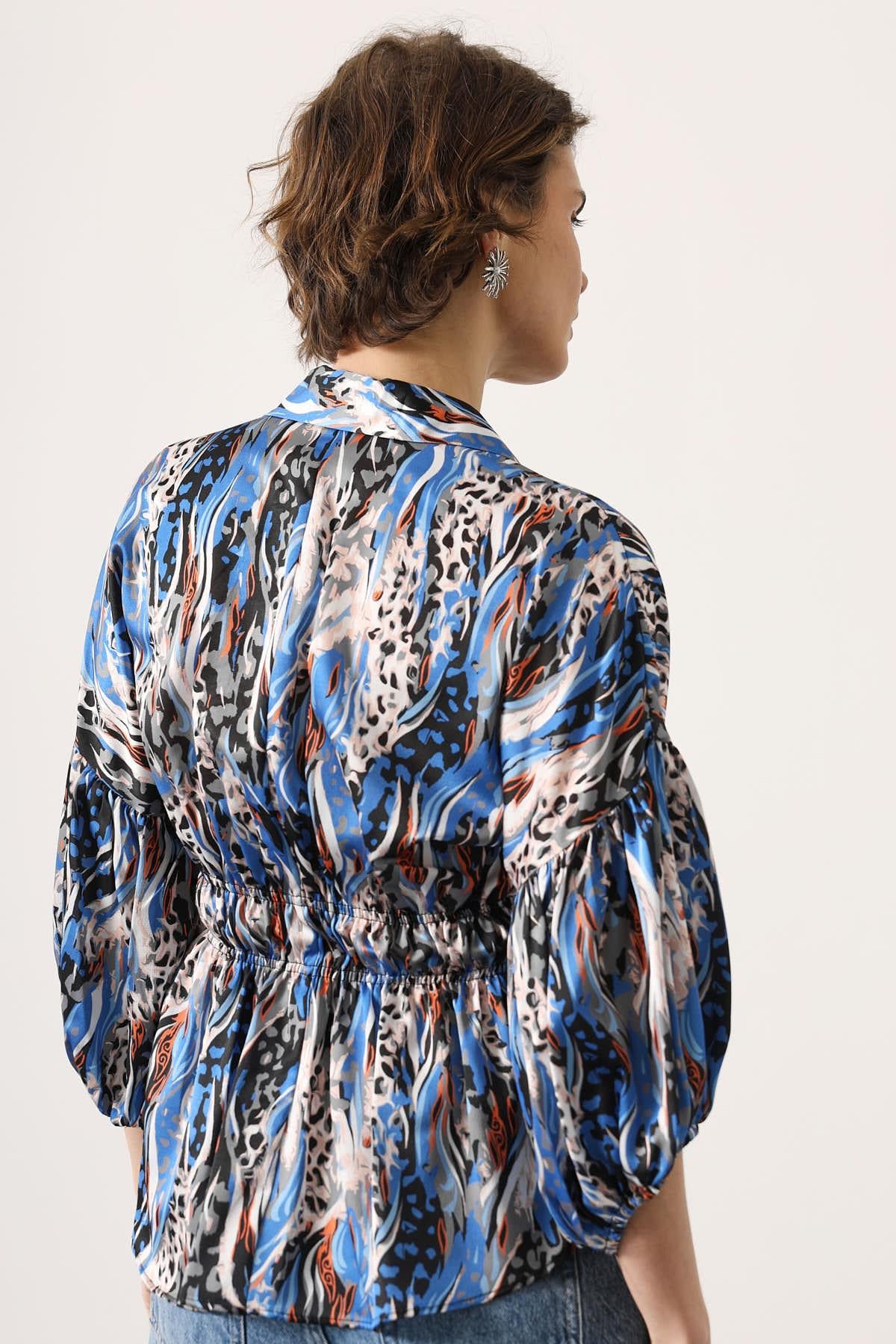 Bluza Satin cu Talie Elastica - Albastru