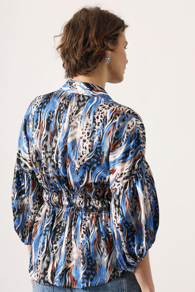 Bluza Satin cu Talie Elastica - Albastru