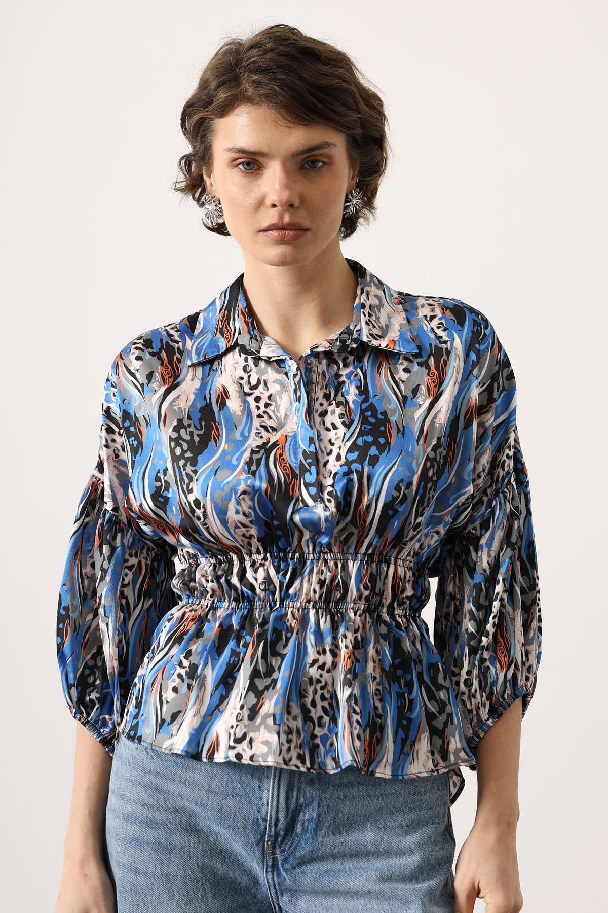 Bluza Satin cu Talie Elastica - Albastru