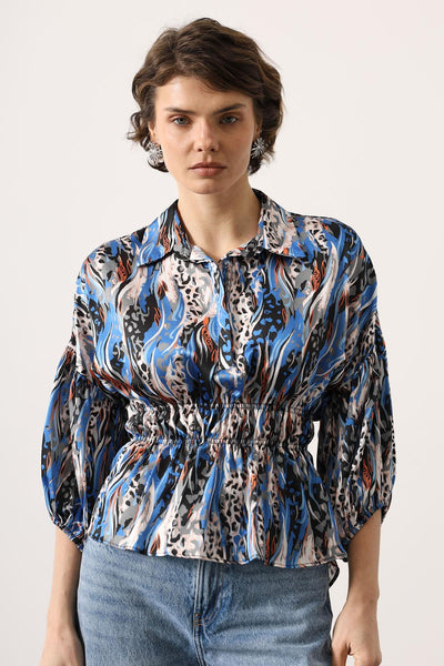 Bluza Satin cu Talie Elastica - Albastru