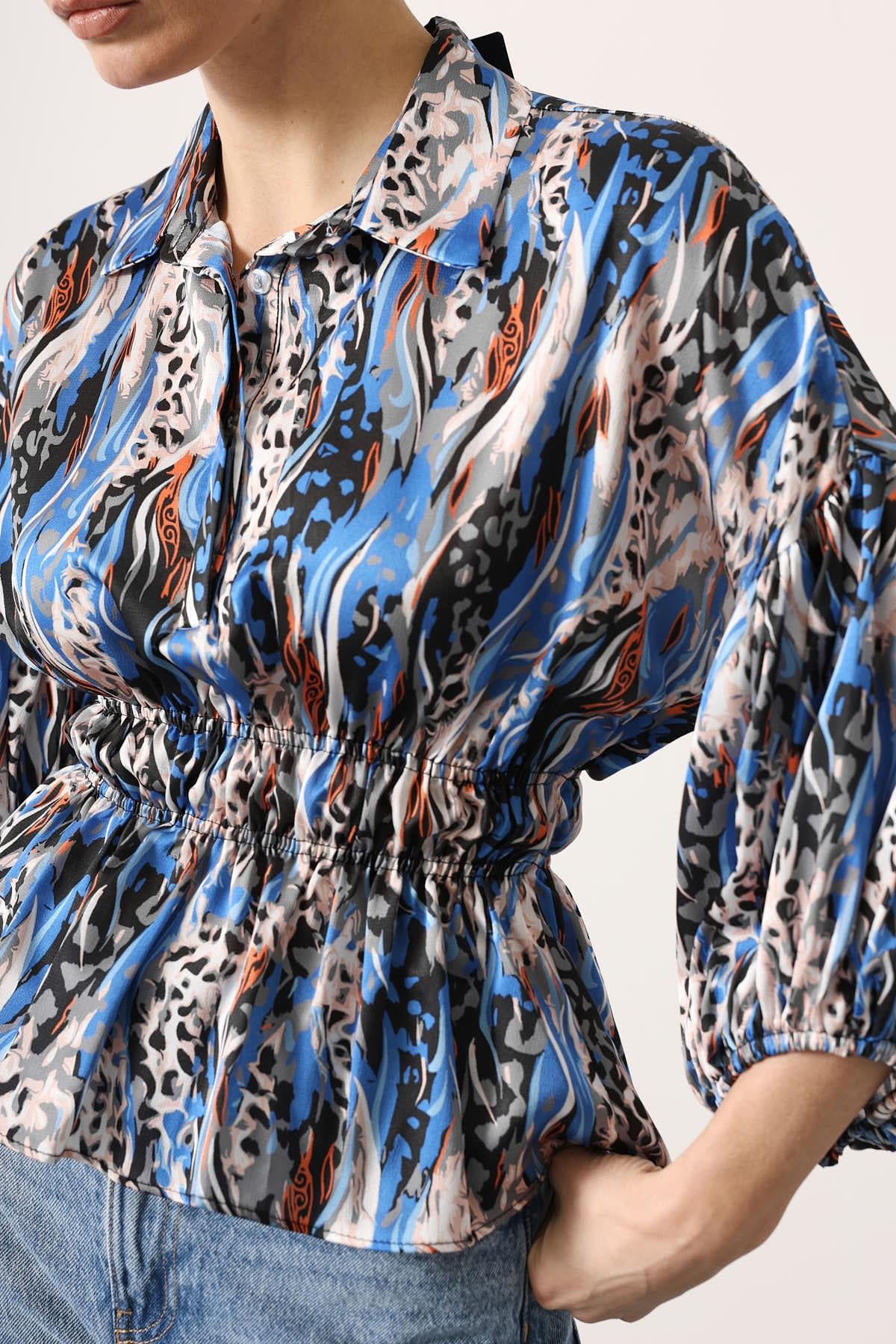 Bluza Satin cu Talie Elastica - Albastru