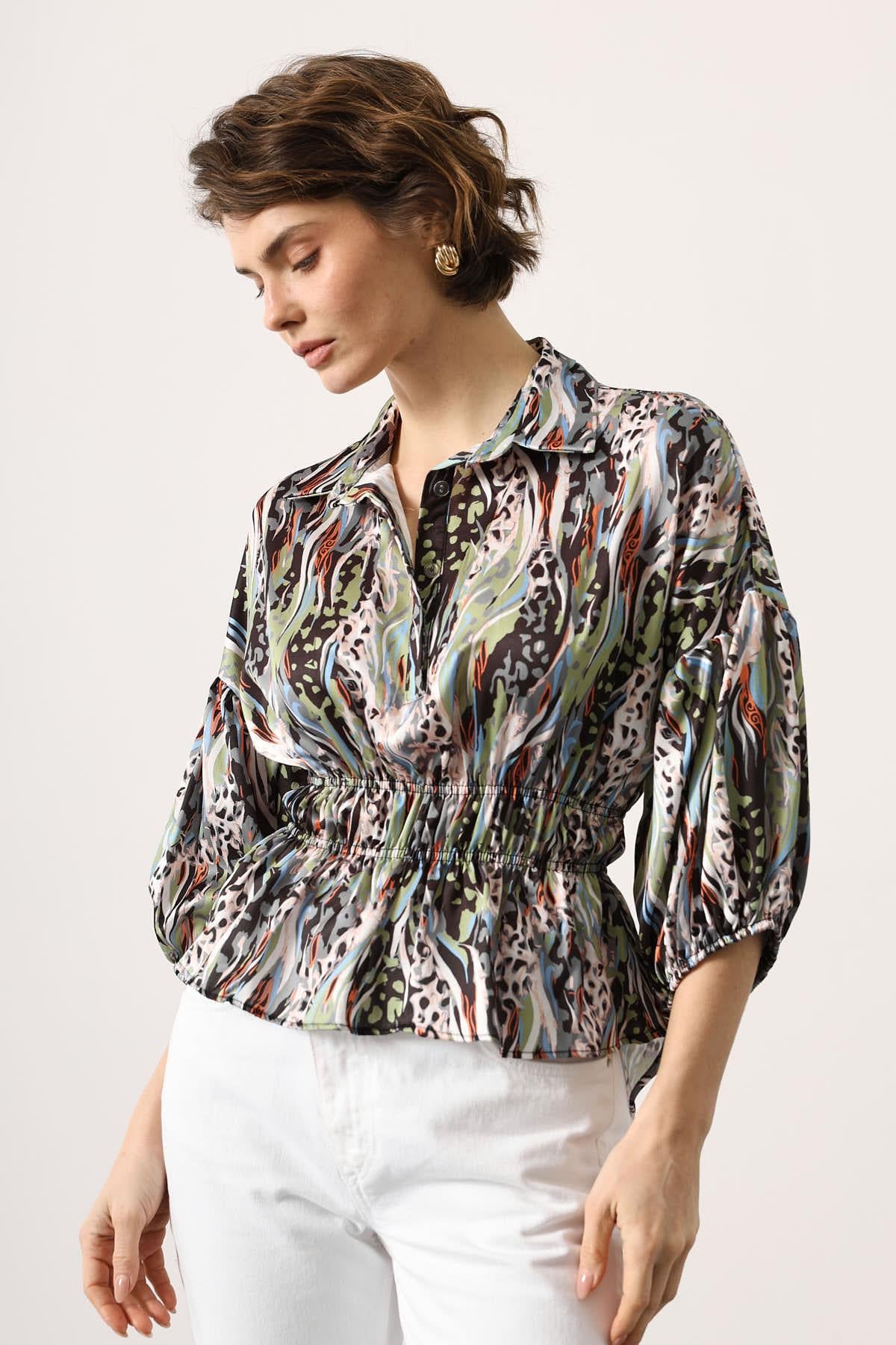 Bluza Satin cu Talie Elastica - Verde