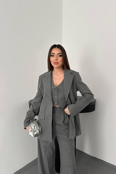 Gri Çizgili Ceket & Yelek Ve Pantolon Takım