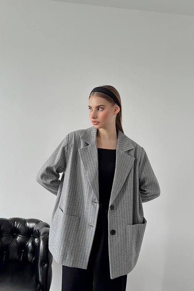 Gri Çizgili Oversize Ceket