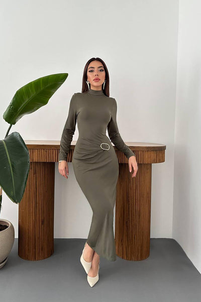 Haki Beli Tokalı Elbise