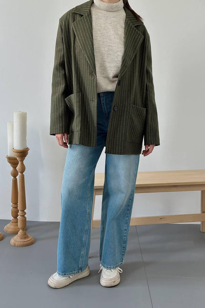 Haki Çizgili Oversize Ceket
