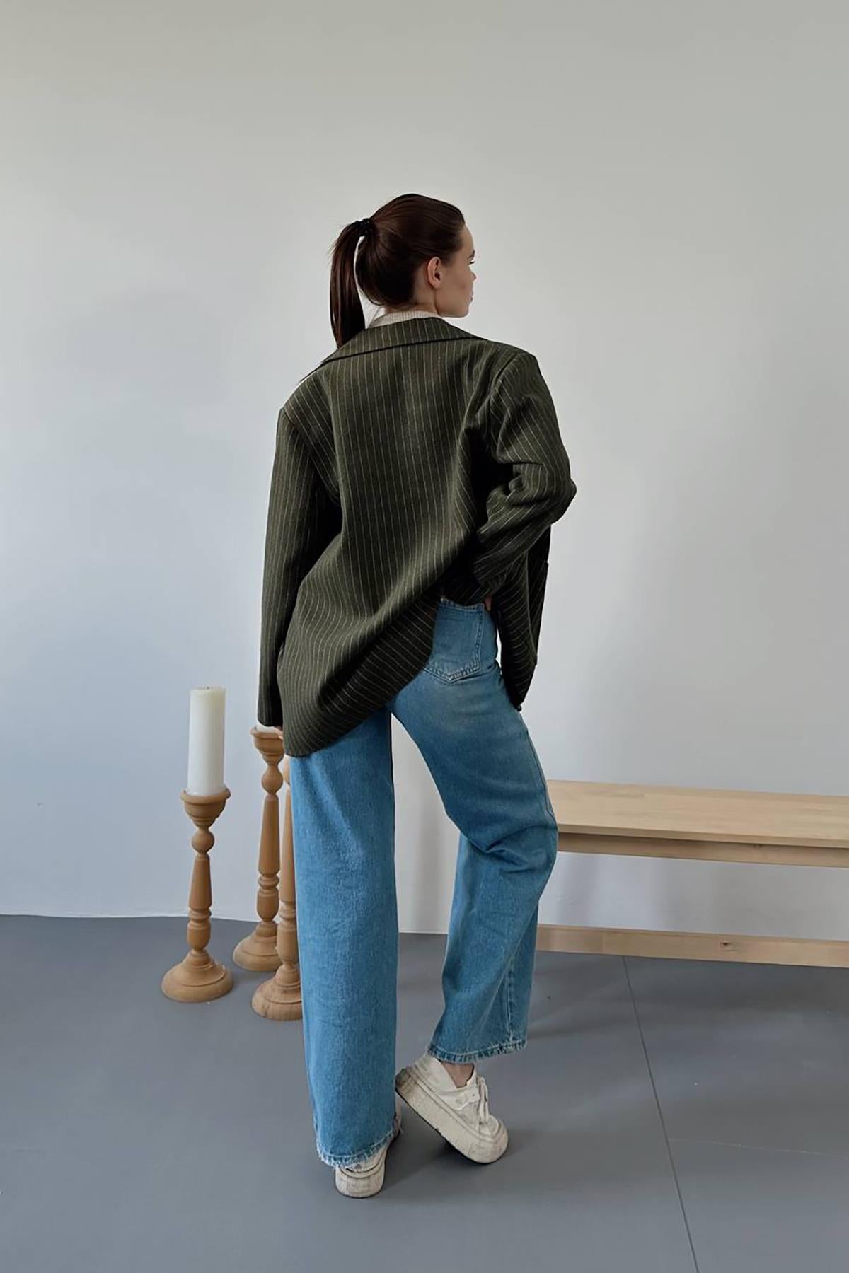 Haki Çizgili Oversize Ceket