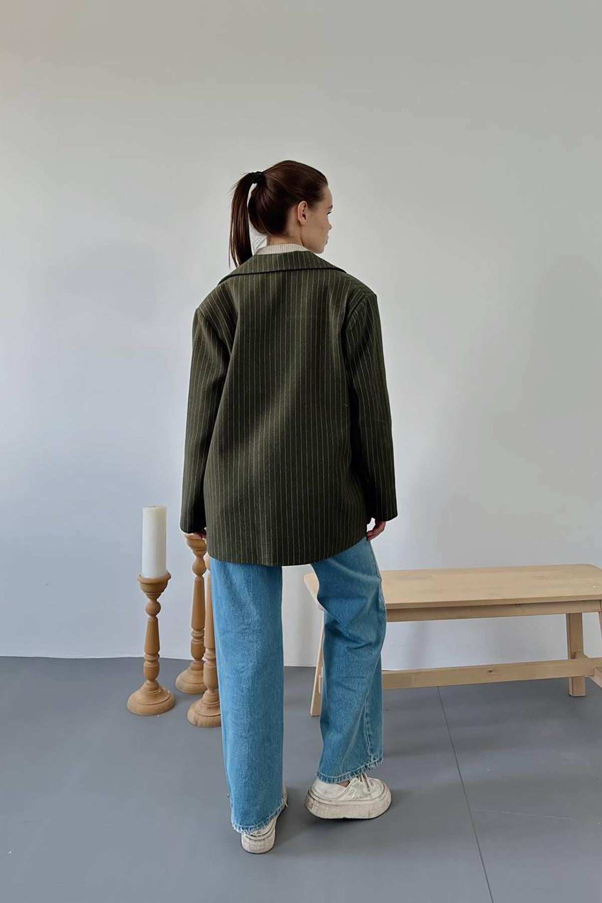 Haki Çizgili Oversize Ceket