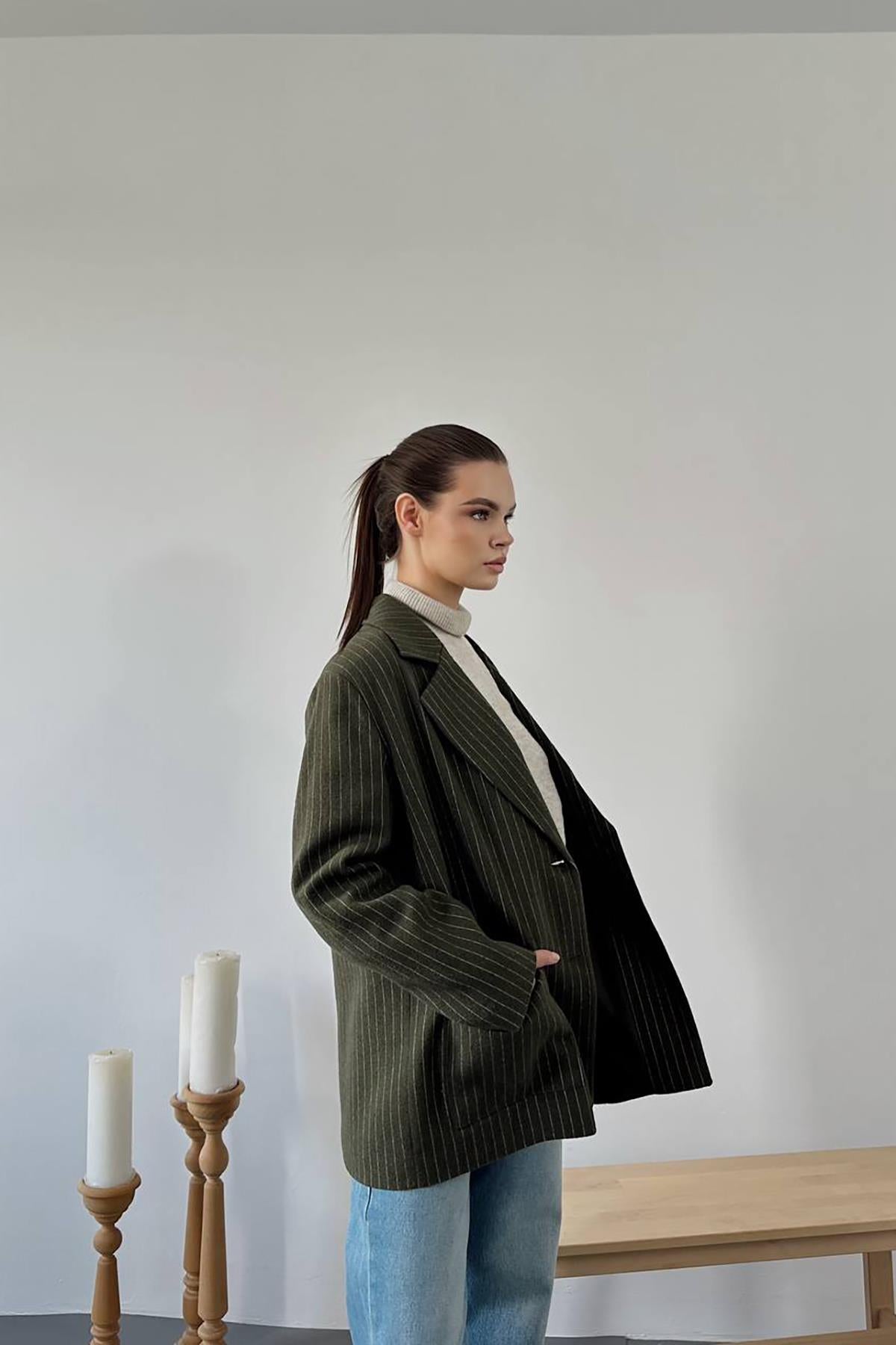 Haki Çizgili Oversize Ceket