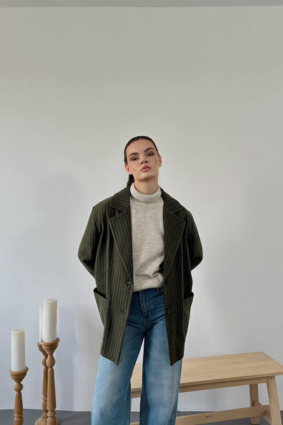 Haki Çizgili Oversize Ceket