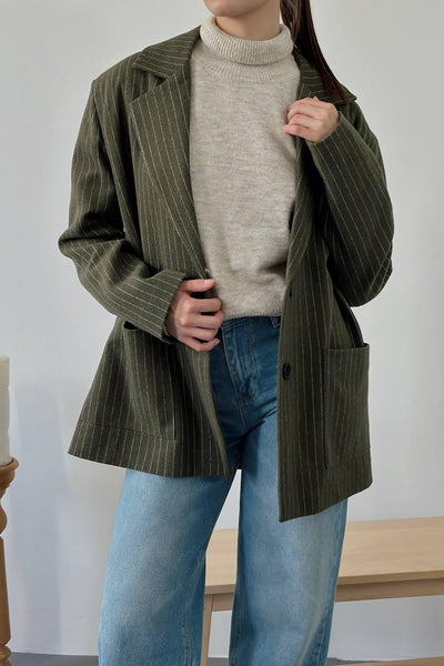 Haki Çizgili Oversize Ceket