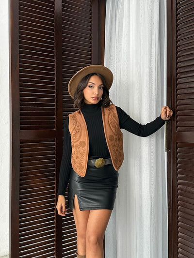 Topshow - Wholesale Embroidered Suede Vest – Western Style Chic -- Tan