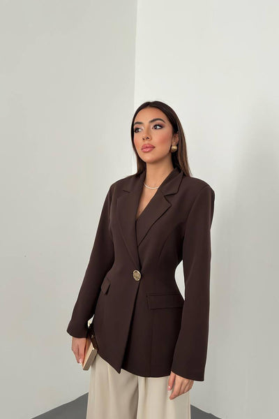 Kahverengi Belden Oturtmalı Blazer Ceket