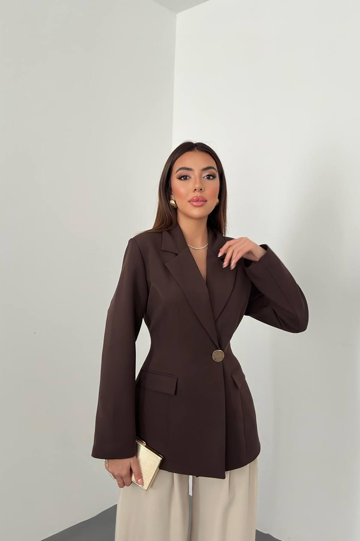 Kahverengi Belden Oturtmalı Blazer Ceket