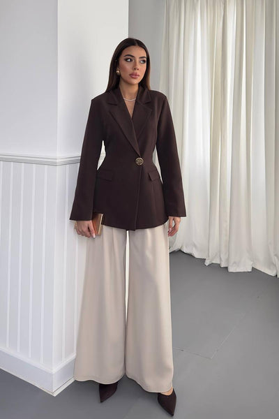 Kahverengi Belden Oturtmalı Blazer Ceket