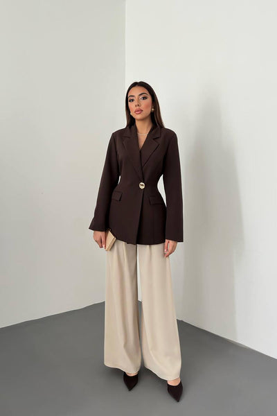 Kahverengi Belden Oturtmalı Blazer Ceket