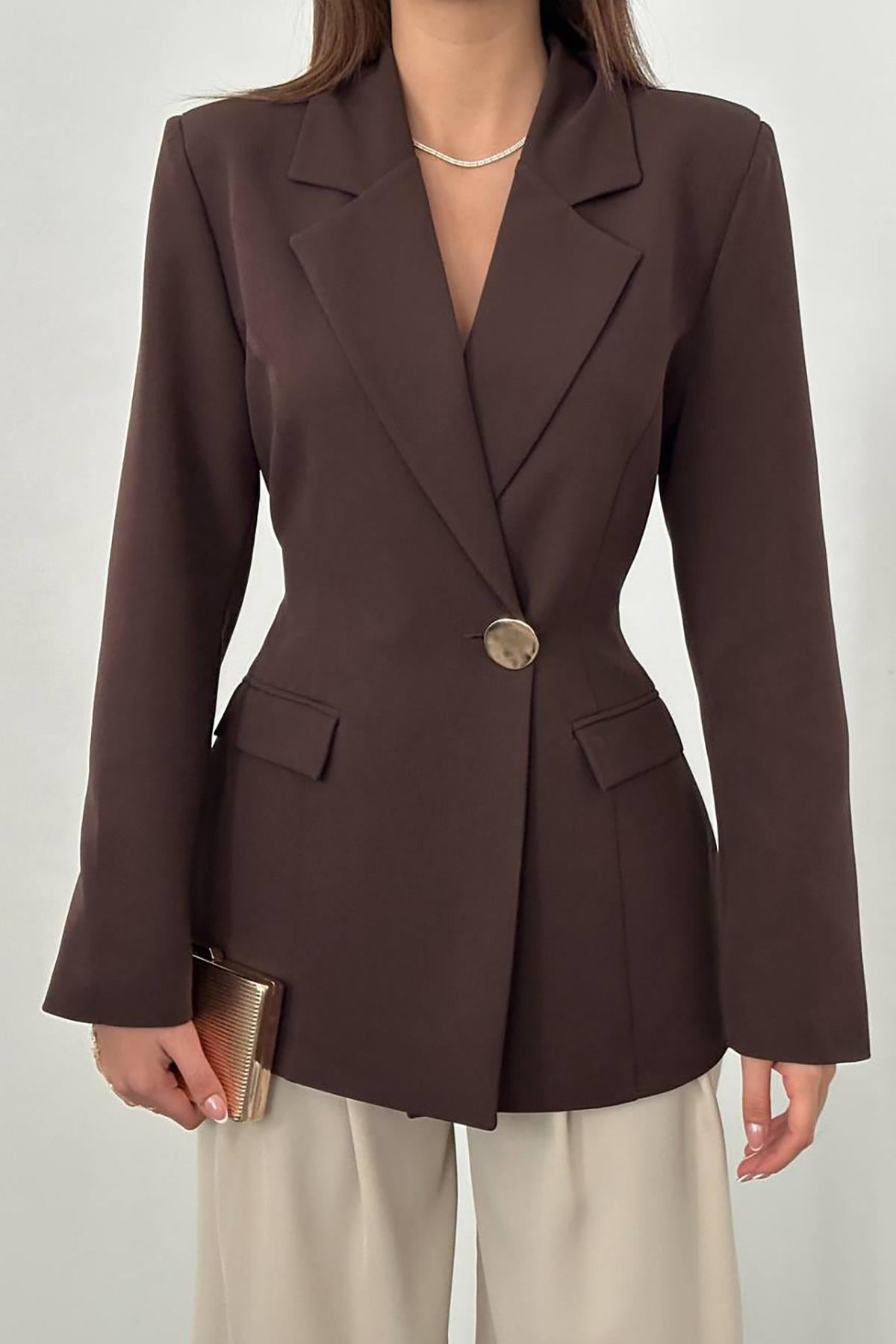 Kahverengi Belden Oturtmalı Blazer Ceket