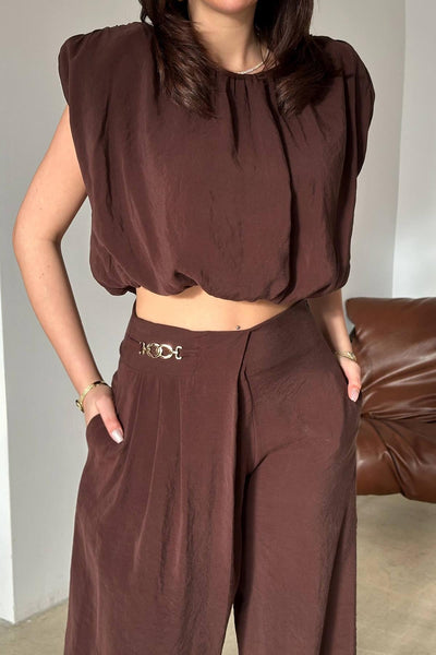 Kahverengi Modal Bluz Ve Pantolon Takım