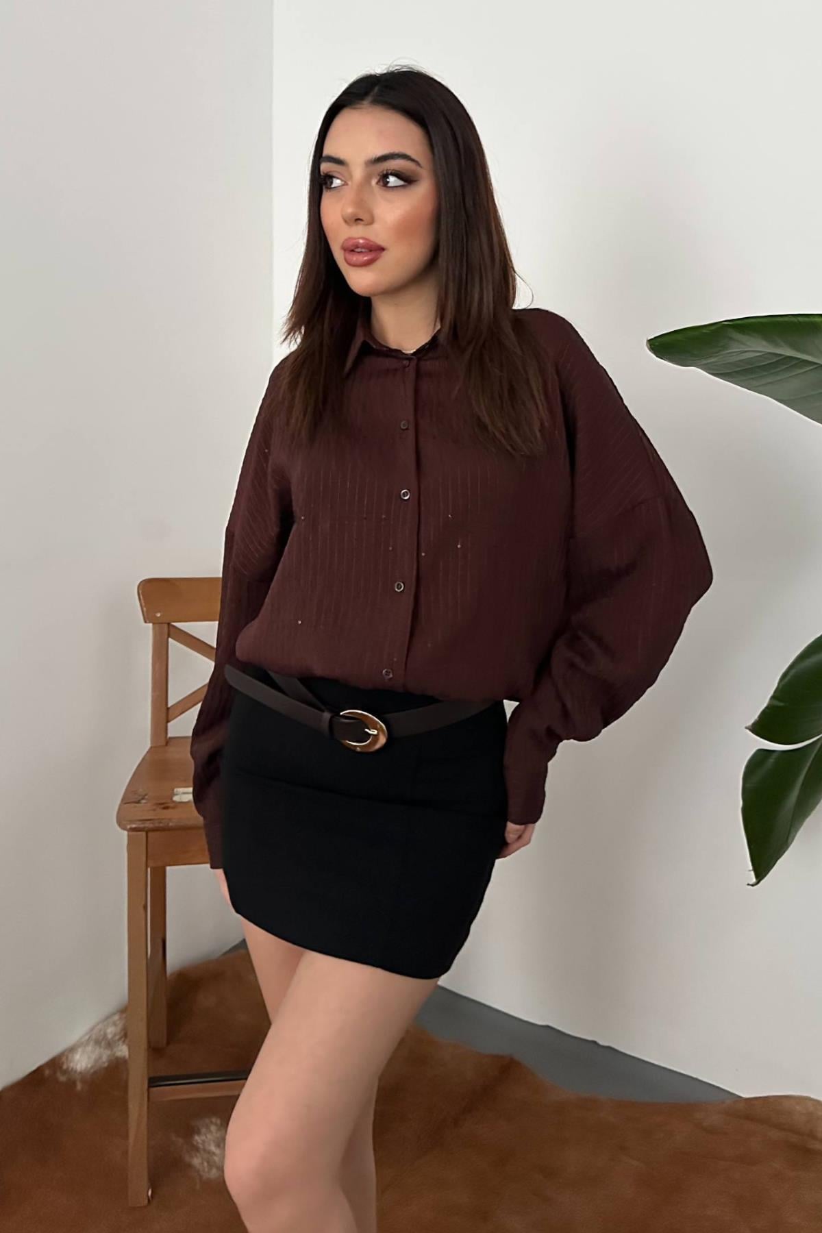 Kahverengi Nakışlı Oversize Gömlek