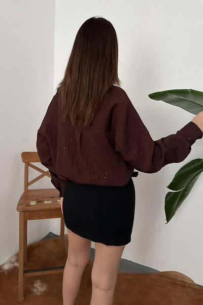 Kahverengi Nakışlı Oversize Gömlek