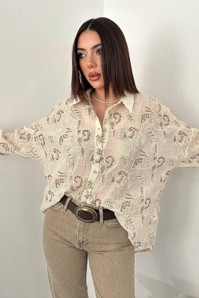 Kahverengi İşlemeli Oversize Gömlek