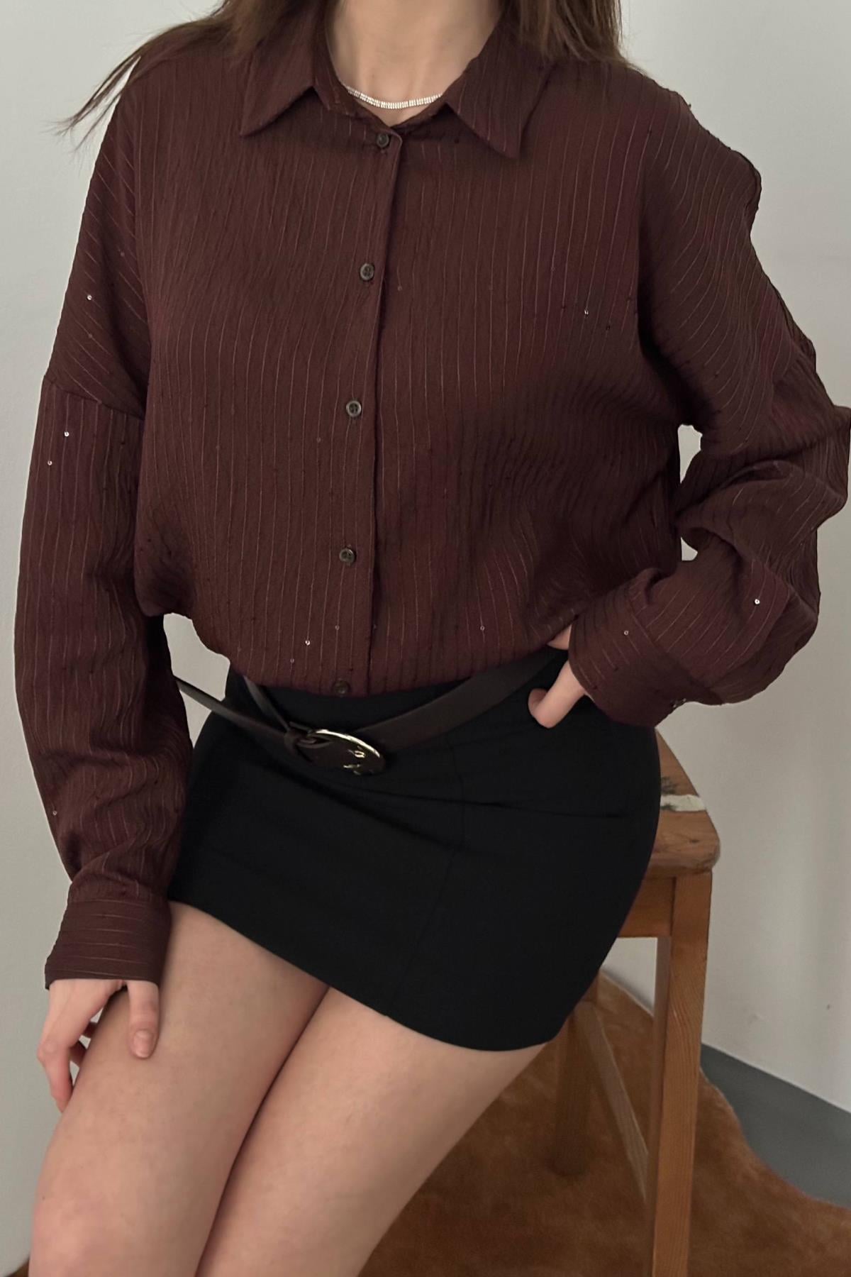 Kahverengi Nakışlı Oversize Gömlek