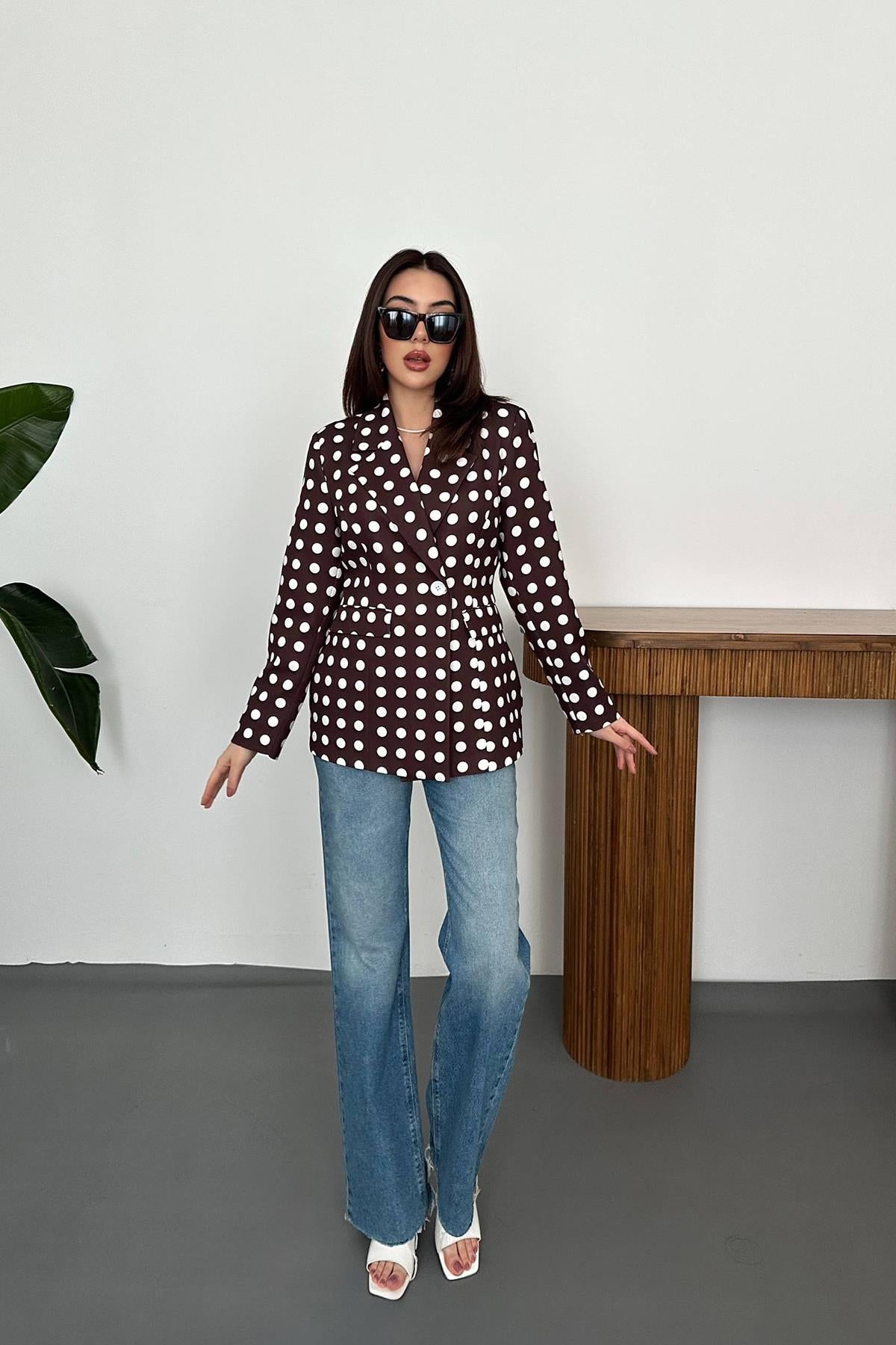 Kahverengi Puantiyeli Blazer Ceket