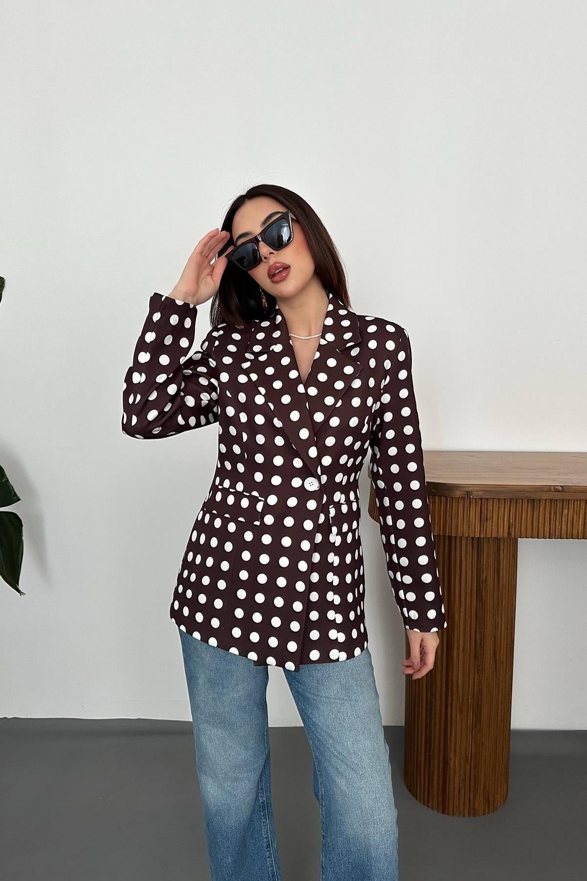 Kahverengi Puantiyeli Blazer Ceket