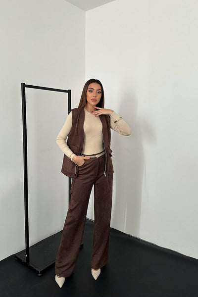 Kahverengi Süet Yelek Pantolon Takım