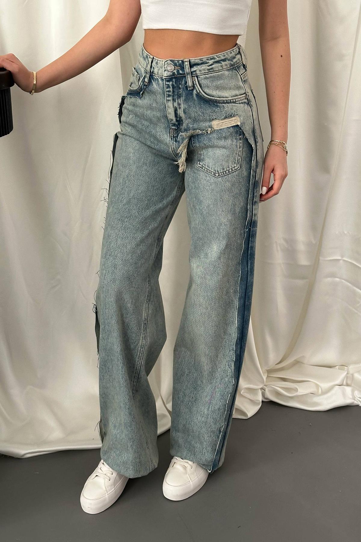 Kar Yıkama Yan Yırtmaçlı Jeans Pantolon