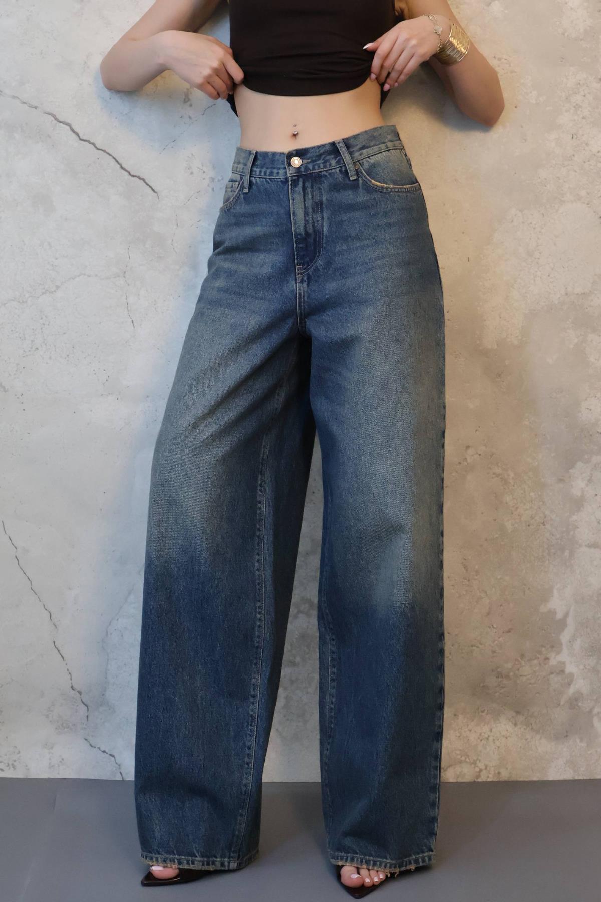 Lacivert Geniş Paça Jeans Pantolon