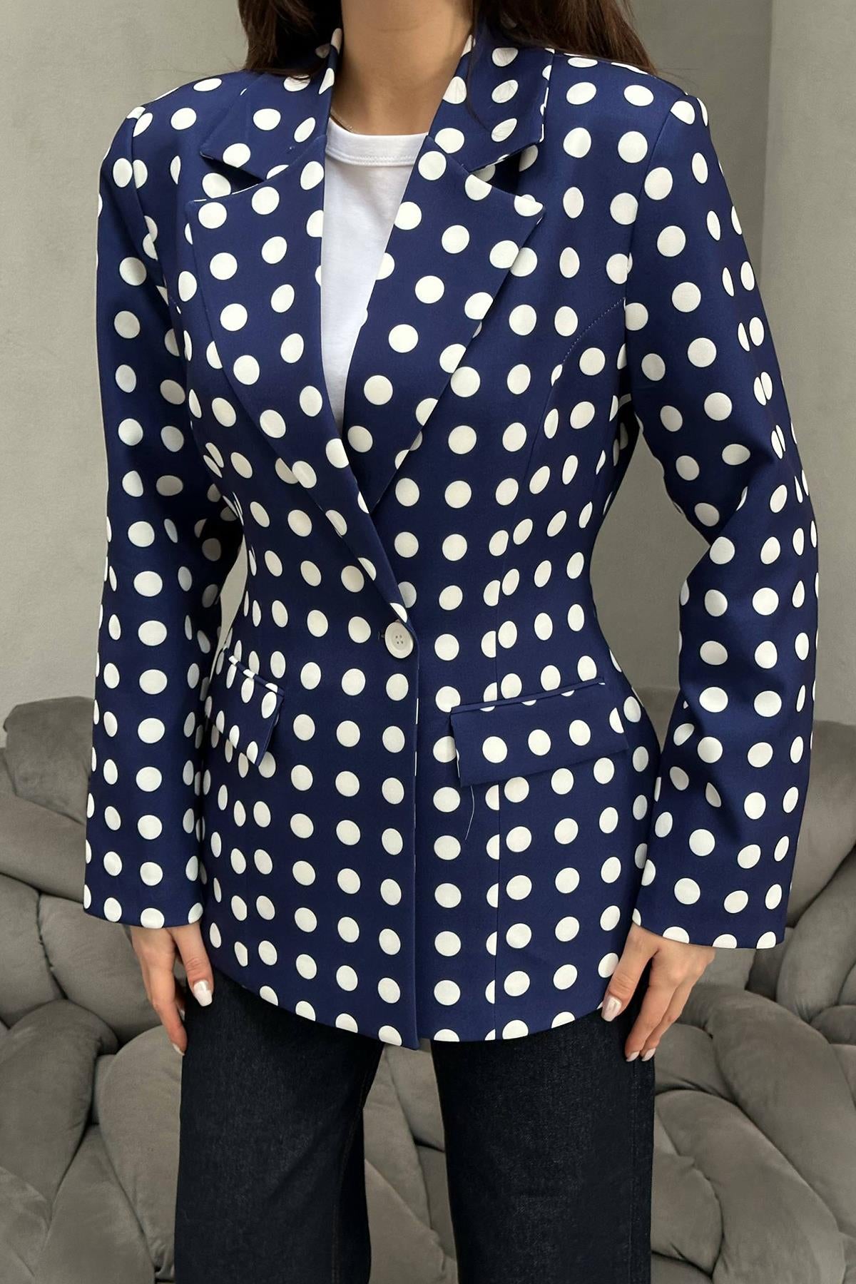 Lacivert Puantiyeli Blazer Ceket