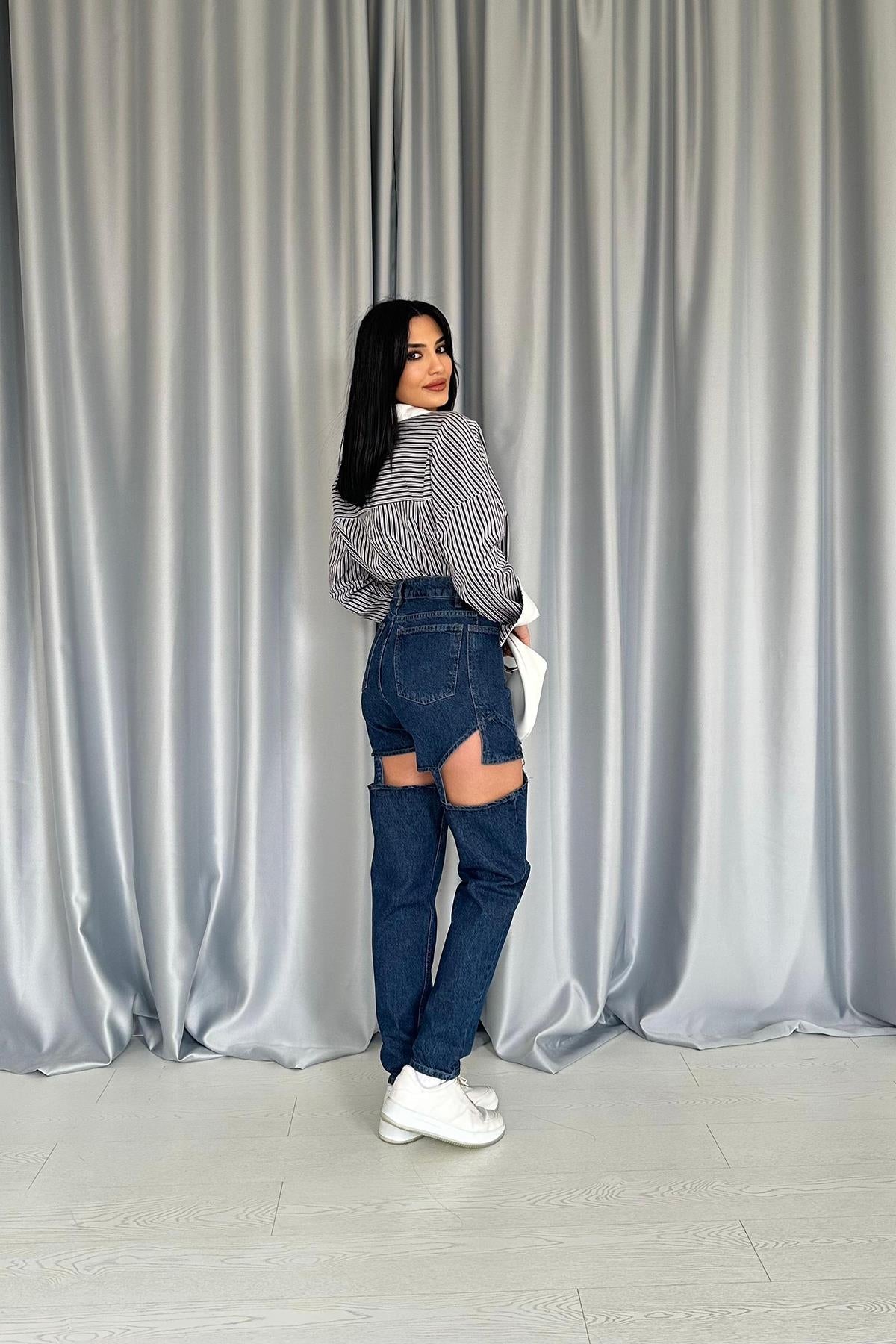 Mavi Askılı İki Parça Jeans Pantolon