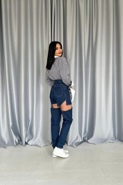 Mavi Askılı İki Parça Jeans Pantolon