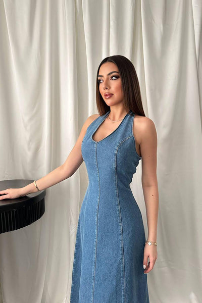 Mavi Boyundan Bağlamalı Kot Elbise