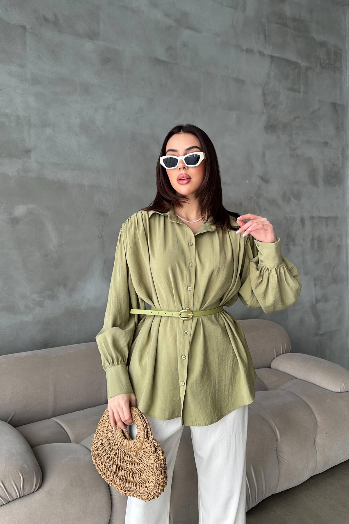 Olive Kemer Detaylı Modal Gömlek